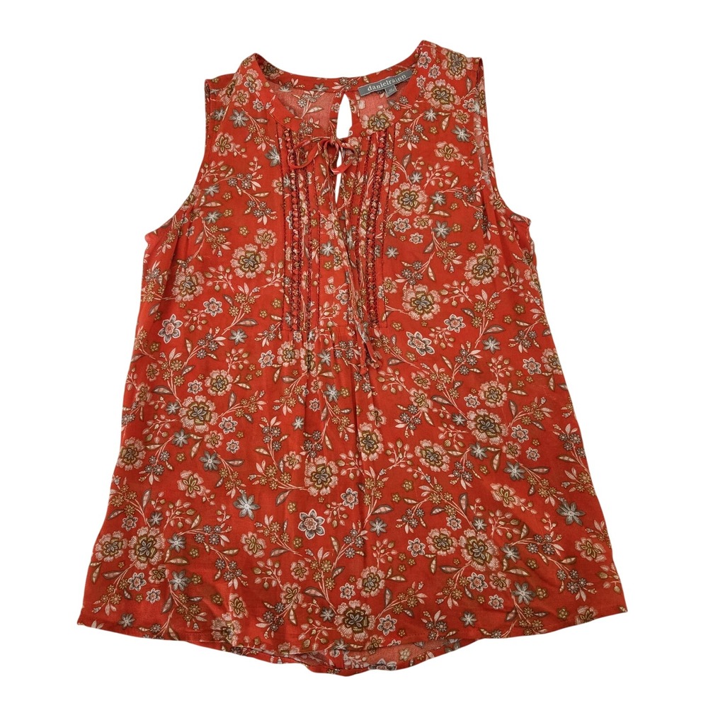 Daniel Rainn Orange Floral‎ Pintuck Lace Trim Sleeveless Blouse XS Boho Colorful